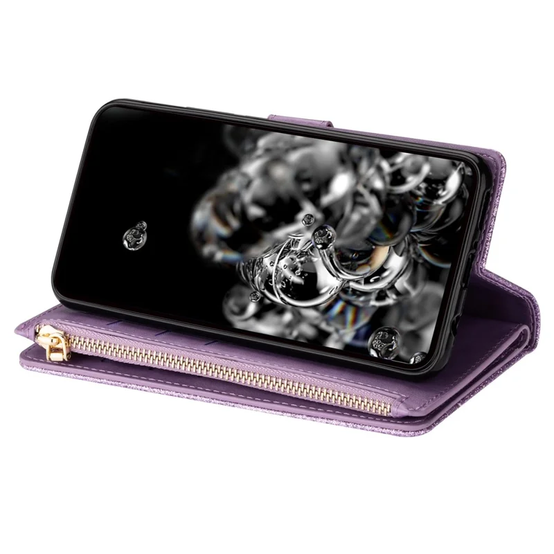 For Google Pixel 8 Pro Case Glittery Laser Carving Zipper Wallet Phone Cover - Purple