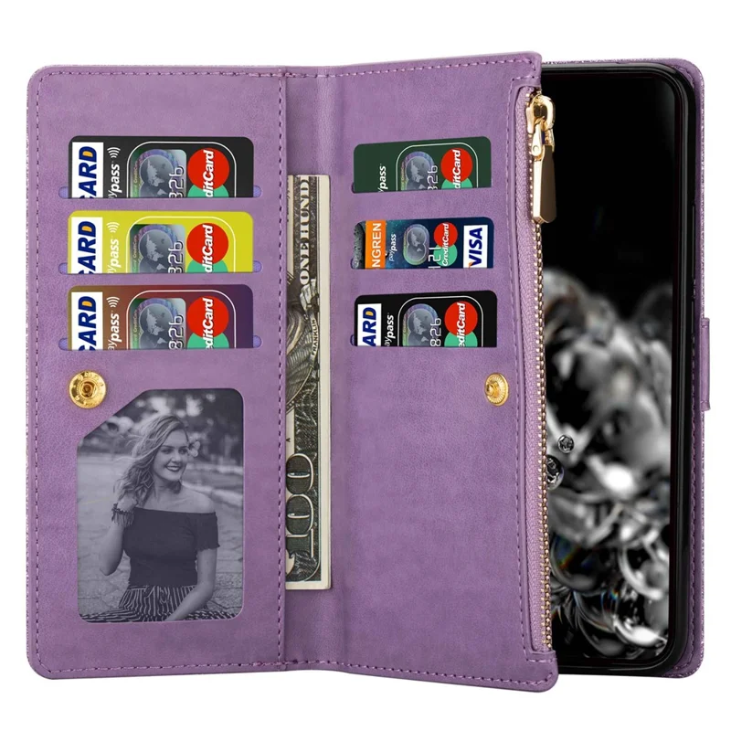 For Google Pixel 8 Pro Case Glittery Laser Carving Zipper Wallet Phone Cover - Purple