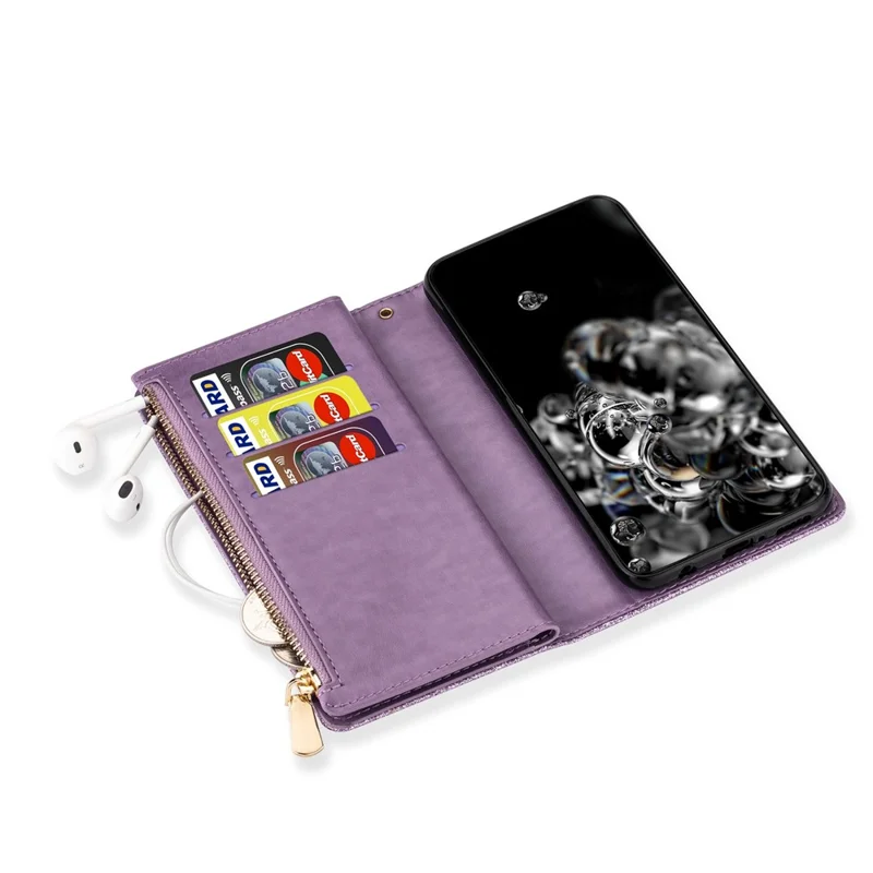 For Google Pixel 8 Pro Case Glittery Laser Carving Zipper Wallet Phone Cover - Purple