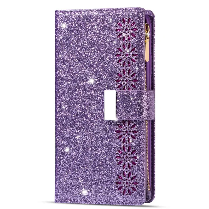 For Google Pixel 8 Pro Case Glittery Laser Carving Zipper Wallet Phone Cover - Purple
