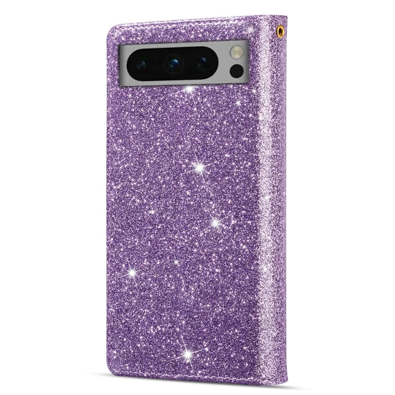 For Google Pixel 8 Pro Case Glittery Laser Carving Zipper Wallet Phone Cover - Purple