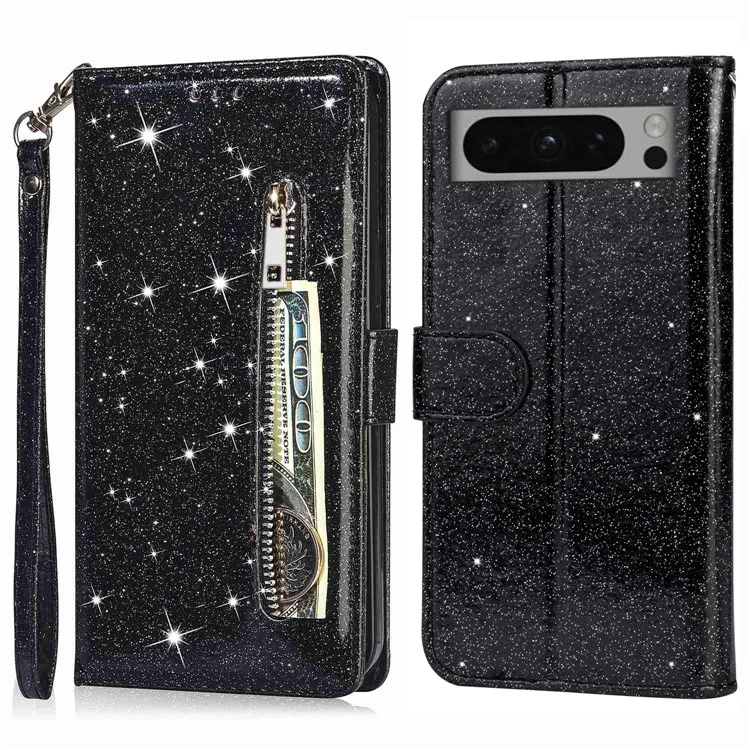 For Google Pixel 8 Pro Case Glittery PU Leather Zipper Pocket Cover - Black