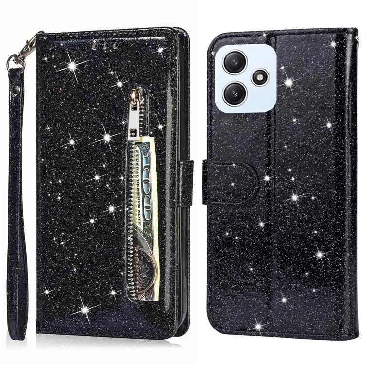 For Xiaomi Redmi 12 4G / 5G (Global) / Poco M6 Pro 5G Case Zipper Pocket Glittery Leather Cover - Black