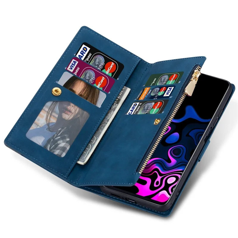 For Xiaomi Redmi 12 4G / 5G (Global) / Poco M6 Pro 5G Case Zipper Pocket Phone Wallet Cover - Blue