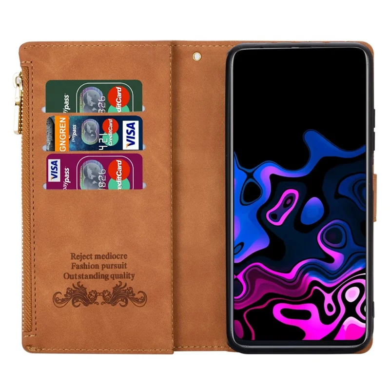 For Xiaomi Redmi 12 4G / 5G (Global) / Poco M6 Pro 5G Case Zipper Pocket Phone Wallet Cover - Brown