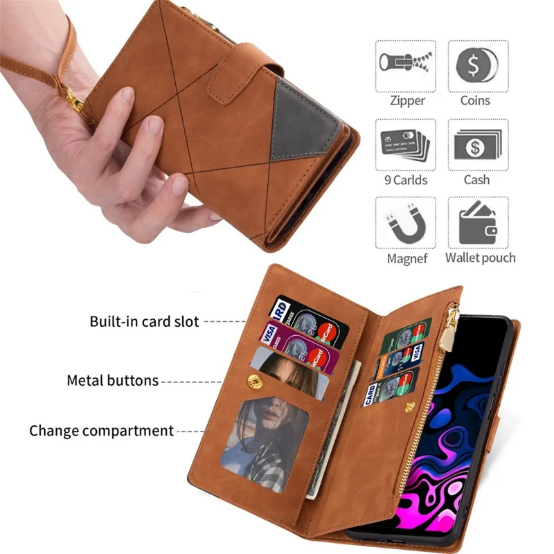 For Xiaomi Redmi 12 4G / 5G (Global) / Poco M6 Pro 5G Case Zipper Pocket Phone Wallet Cover - Brown
