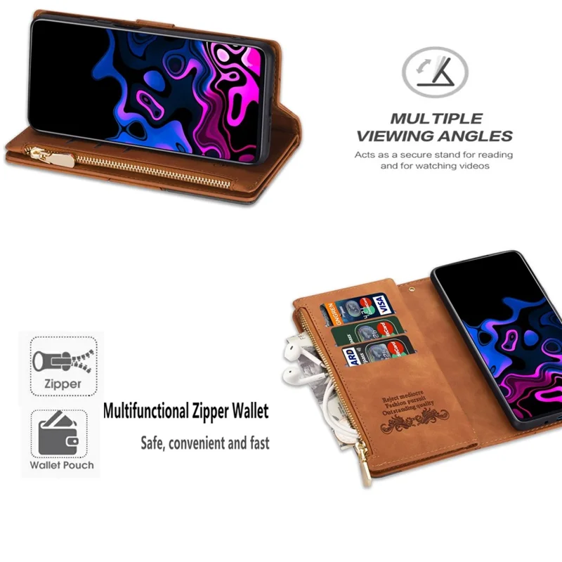 For Xiaomi Redmi 12 4G / 5G (Global) / Poco M6 Pro 5G Case Zipper Pocket Phone Wallet Cover - Brown