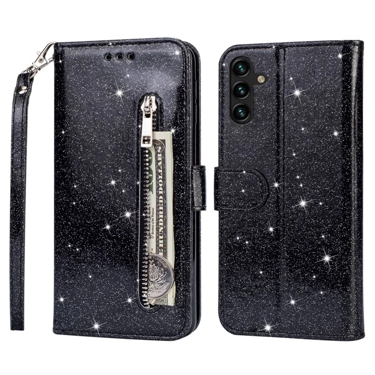 For Samsung Galaxy A24 4G (162.1 x 77.6 x 8.3mm) Case Zipper Pocket Glittery Phone Wallet Cover - Black