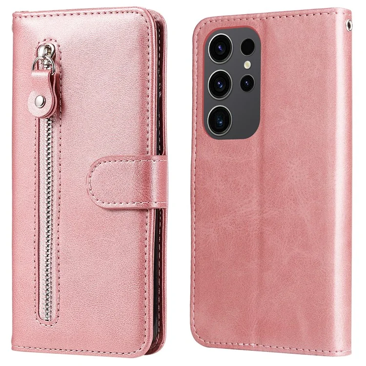 For Samsung Galaxy S24 Ultra Case PU Leather Zipper Wallet Phone Cover - Pink