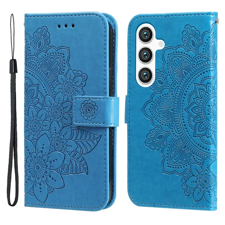 For Samsung Galaxy S24 Case Floral Pattern PU Leather Wallet Stand Phone Cover - Blue