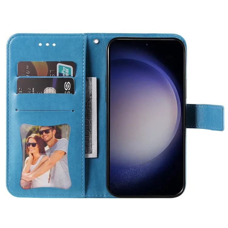 For Samsung Galaxy S24 Case Floral Pattern PU Leather Wallet Stand Phone Cover - Blue
