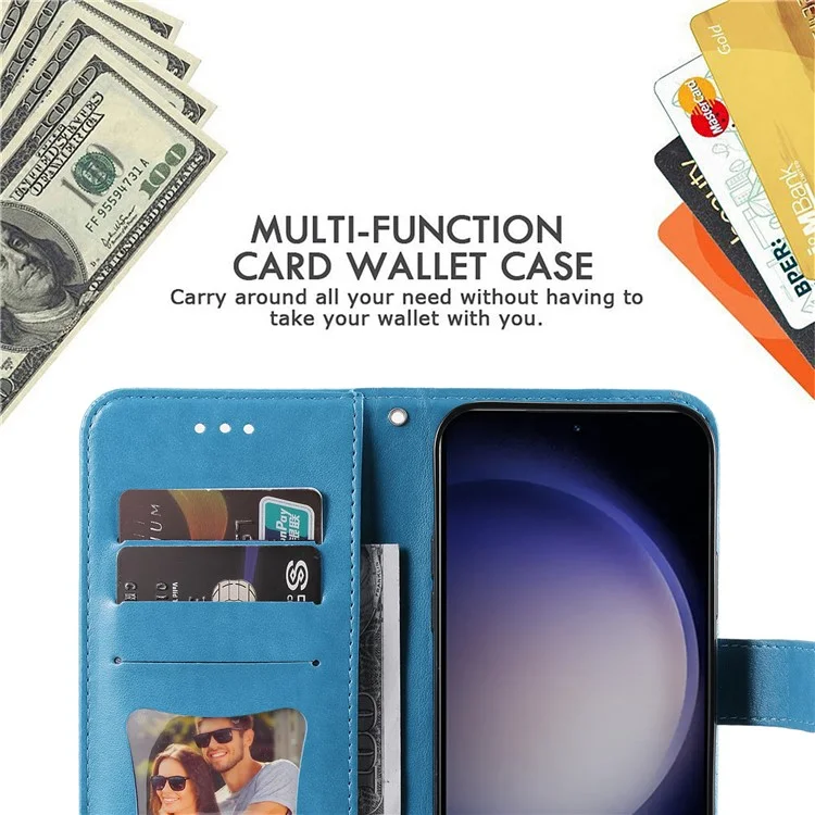 For Samsung Galaxy S24 Case Floral Pattern PU Leather Wallet Stand Phone Cover - Blue