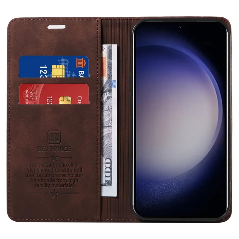 BETOPNICE 003 para Samsung Galaxy S24+ Capa Bloqueio RFID Suporte de Couro Capa de Telefone - Marrom