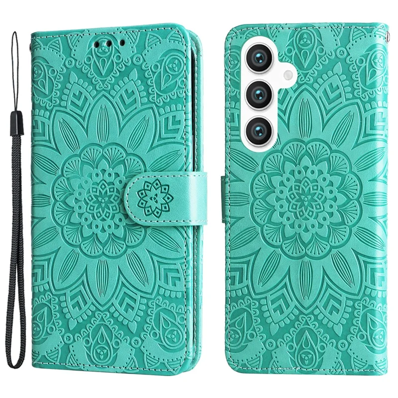 For Samsung Galaxy S24+ Case PU Leather Stand Wallet Sunflower Phone Cover - Green