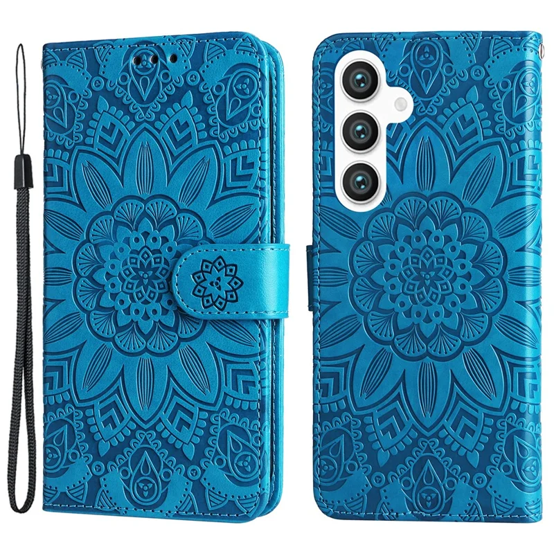 For Samsung Galaxy S24+ Case PU Leather Stand Wallet Sunflower Phone Cover - Blue