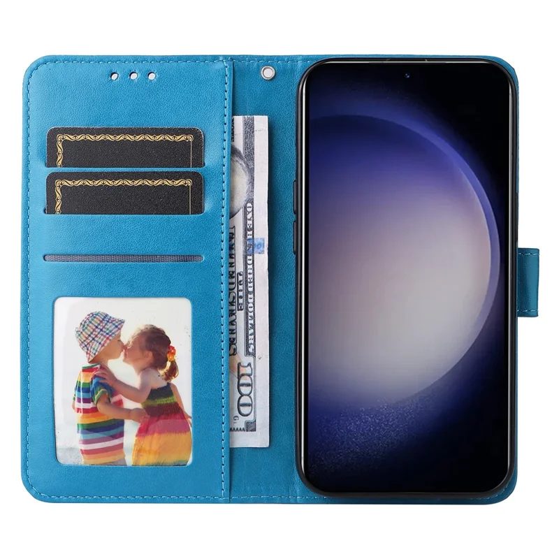 For Samsung Galaxy S24+ Case PU Leather Stand Wallet Sunflower Phone Cover - Blue