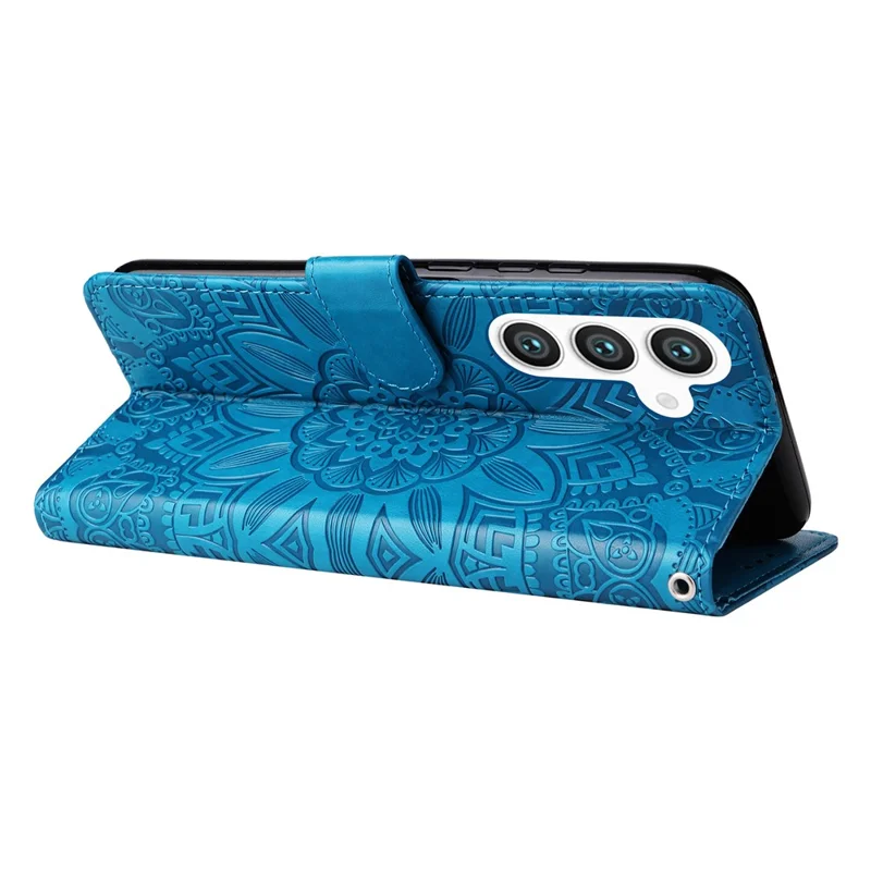 For Samsung Galaxy S24+ Case PU Leather Stand Wallet Sunflower Phone Cover - Blue