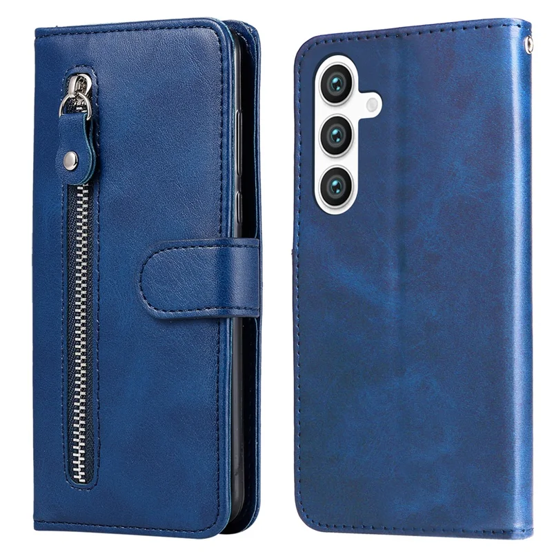 For Samsung Galaxy S24+ Case PU Leather Zipper Stand Folio Phone Cover - Blue