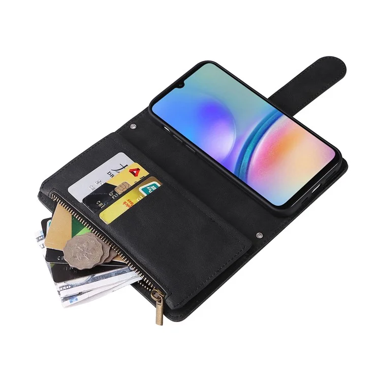Per Samsung Galaxy A05s 4G Case Multiple Card Slots Leather Stand Phone Cover - Black