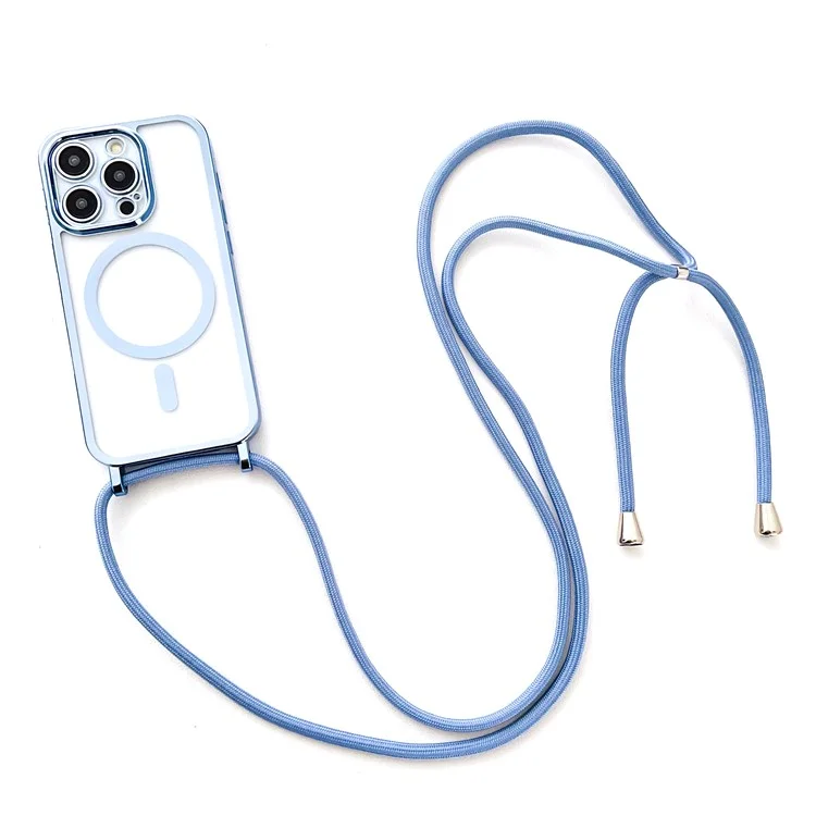 Capa para iPhone 15 Pro Compatível com MagSafe Revestimento Magnético Eletrolítico de TPU Capa de Telefone Celular com Cordão Longo - Azul