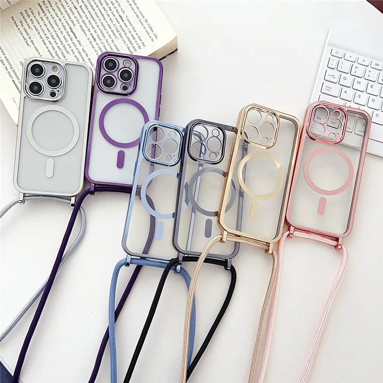 Capa para iPhone 15 Pro Compatível com MagSafe Revestimento Magnético Eletrolítico de TPU Capa de Telefone Celular com Cordão Longo - Azul