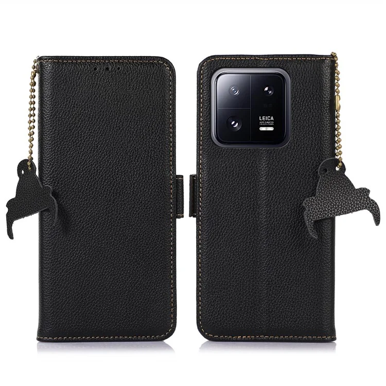 Para Xiaomi 14 Case RFID Blocking Wallet Genuine Cow Leather Cover - Negro