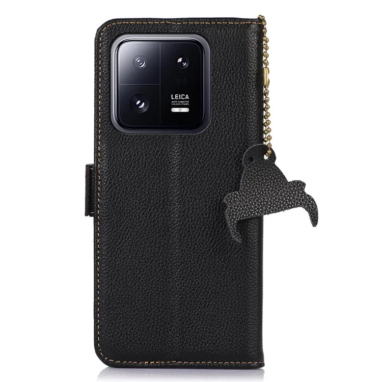 Para Xiaomi 14 Case RFID Blocking Wallet Genuine Cow Leather Cover - Negro