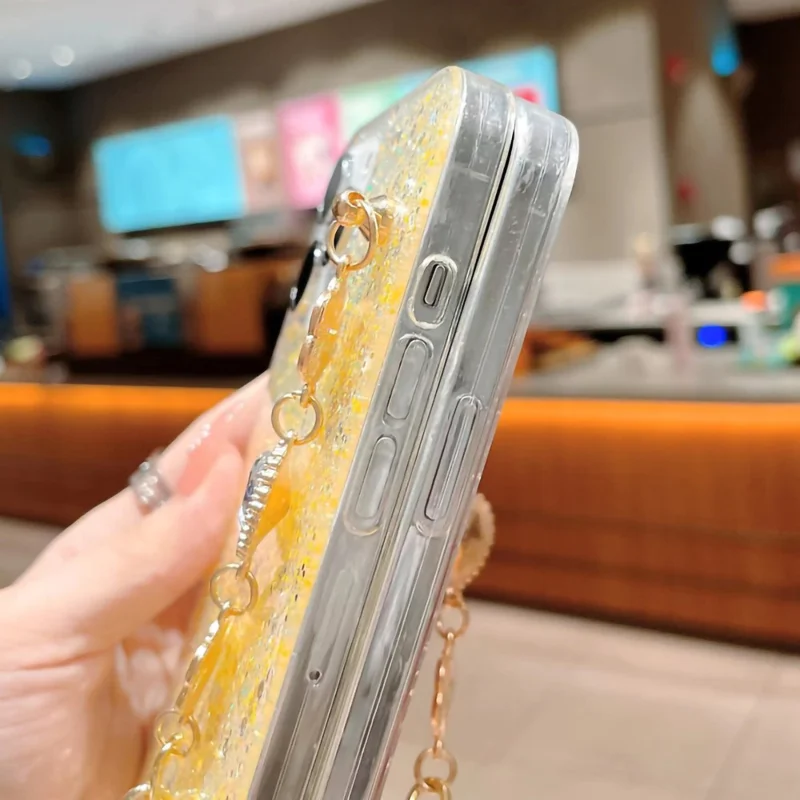 Shockproof TPU Case for iPhone 15 Pro Case Glitter Epoxy Phone Shell with Bracelet Strap - Yellow