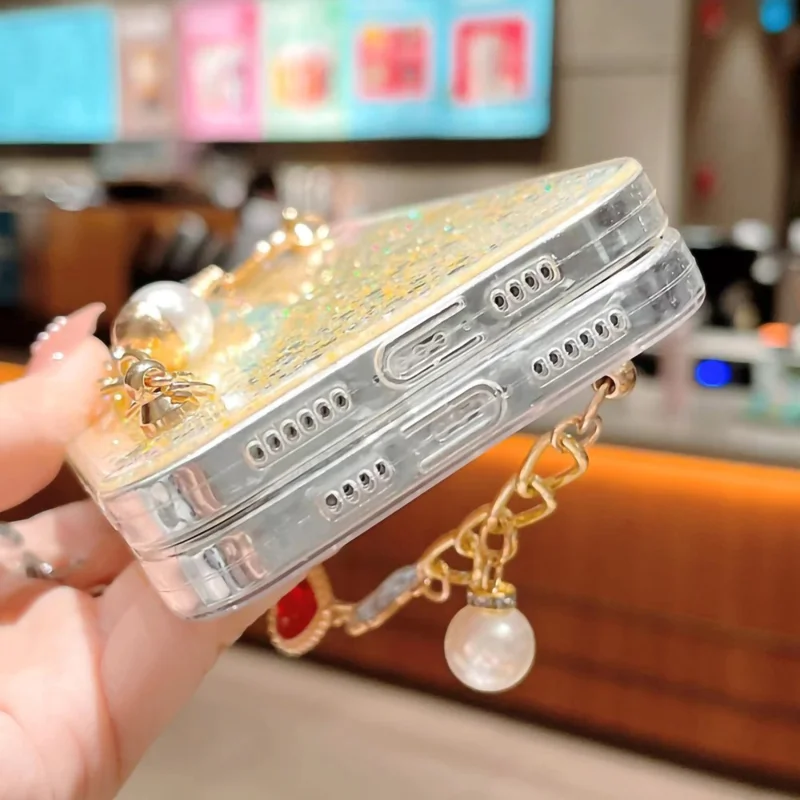 Shockproof TPU Case for iPhone 15 Pro Case Glitter Epoxy Phone Shell with Bracelet Strap - Yellow