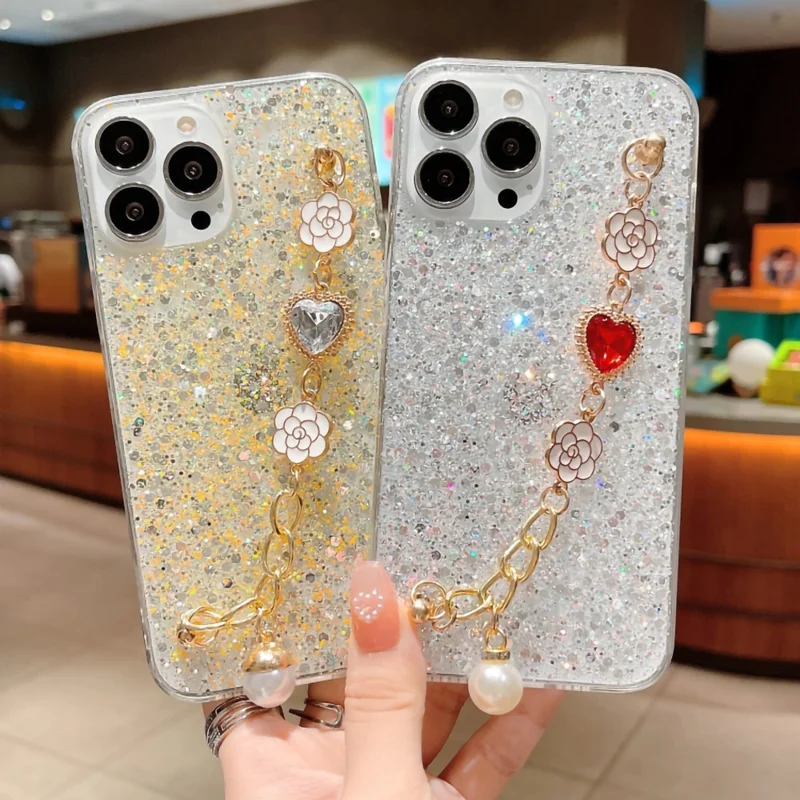 Shockproof TPU Case for iPhone 15 Pro Case Glitter Epoxy Phone Shell with Bracelet Strap - Yellow