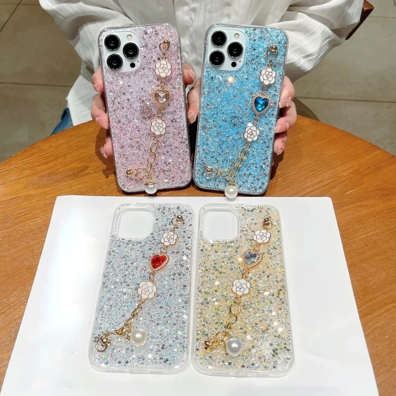 Shockproof TPU Case for iPhone 15 Pro Case Glitter Epoxy Phone Shell with Bracelet Strap - Yellow