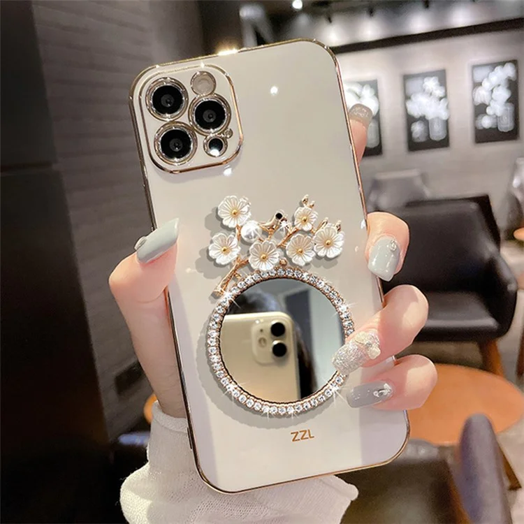 Electroplating TPU Case for iPhone 15 Pro Case Shockproof Phone Cover with Glass Mirror - White