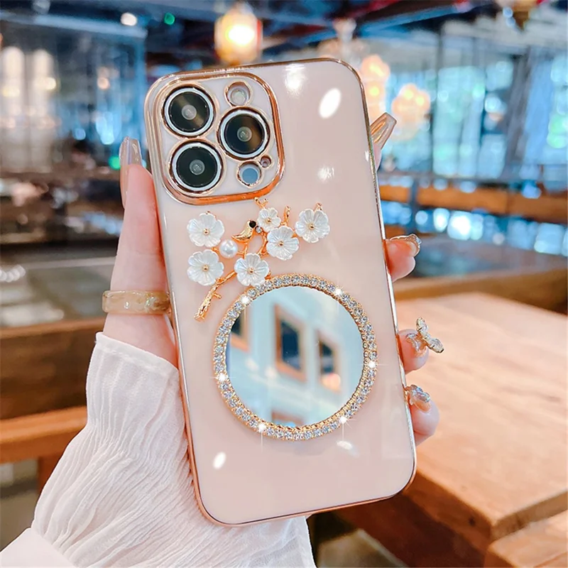 Protective TPU Case for iPhone 15 Pro Max Case Electroplating Glass Mirror Phone Cover - Pink