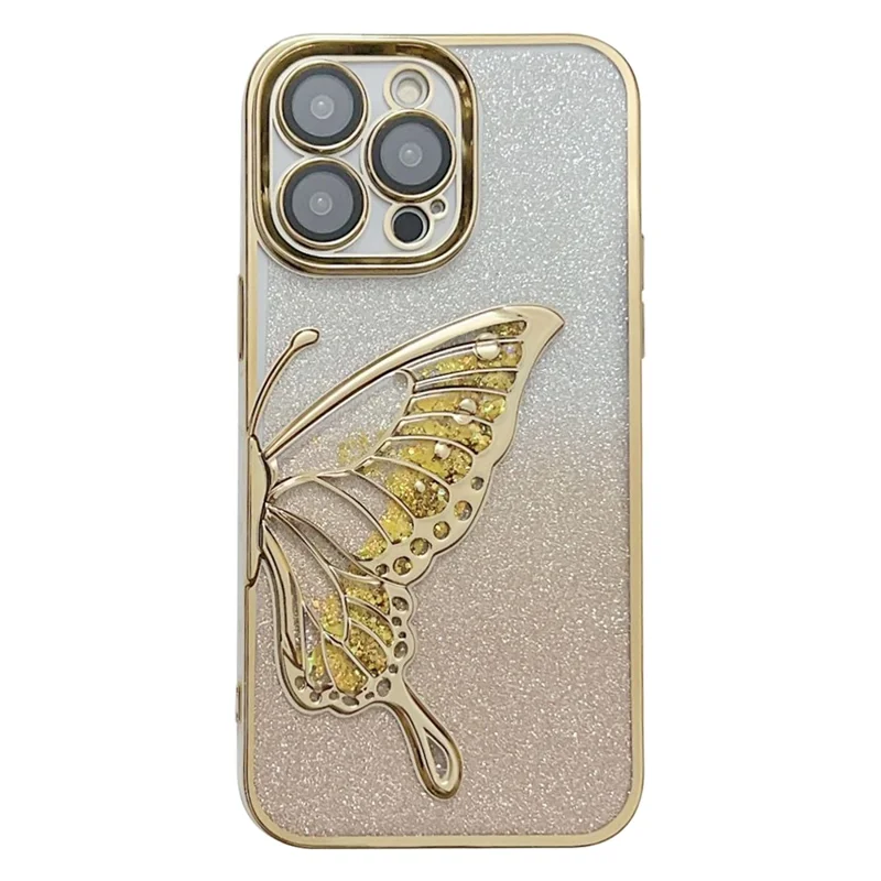 For iPhone 15 Pro TPU Case Quicksand Butterfly Glitter Electroplating Phone Cover - Gold