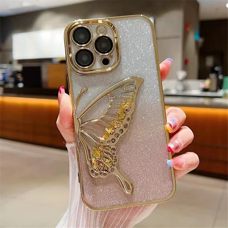 For iPhone 15 Pro TPU Case Quicksand Butterfly Glitter Electroplating Phone Cover - Gold