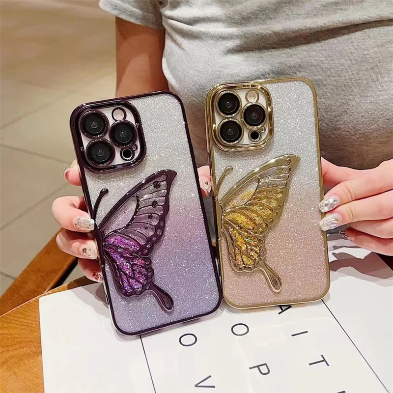For iPhone 15 Pro TPU Case Quicksand Butterfly Glitter Electroplating Phone Cover - Gold