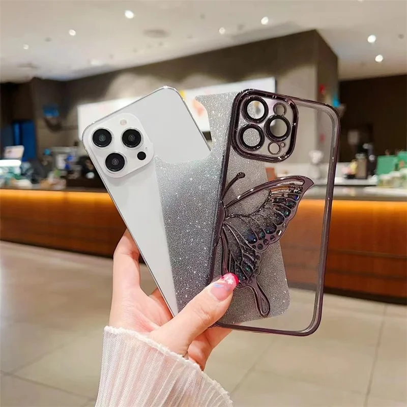 For iPhone 15 Pro TPU Case Quicksand Butterfly Glitter Electroplating Phone Cover - Gold