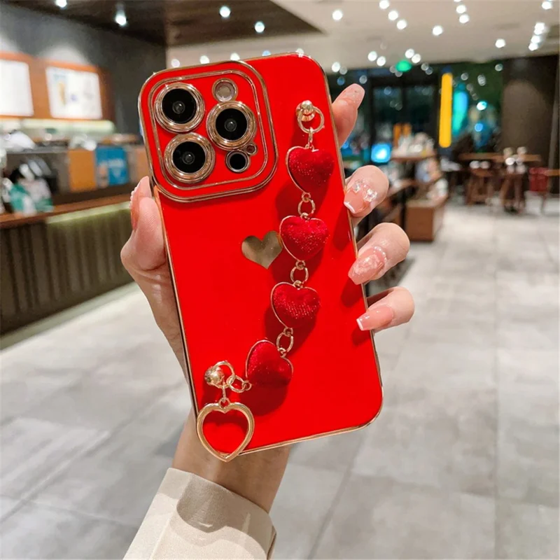 For iPhone 15 Pro TPU Case Electroplating Phone Cover with Plush Heart Chain Strap - Red