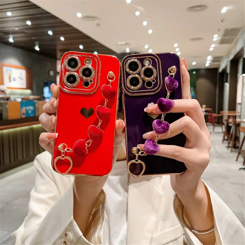 For iPhone 15 Pro TPU Case Electroplating Phone Cover with Plush Heart Chain Strap - Red