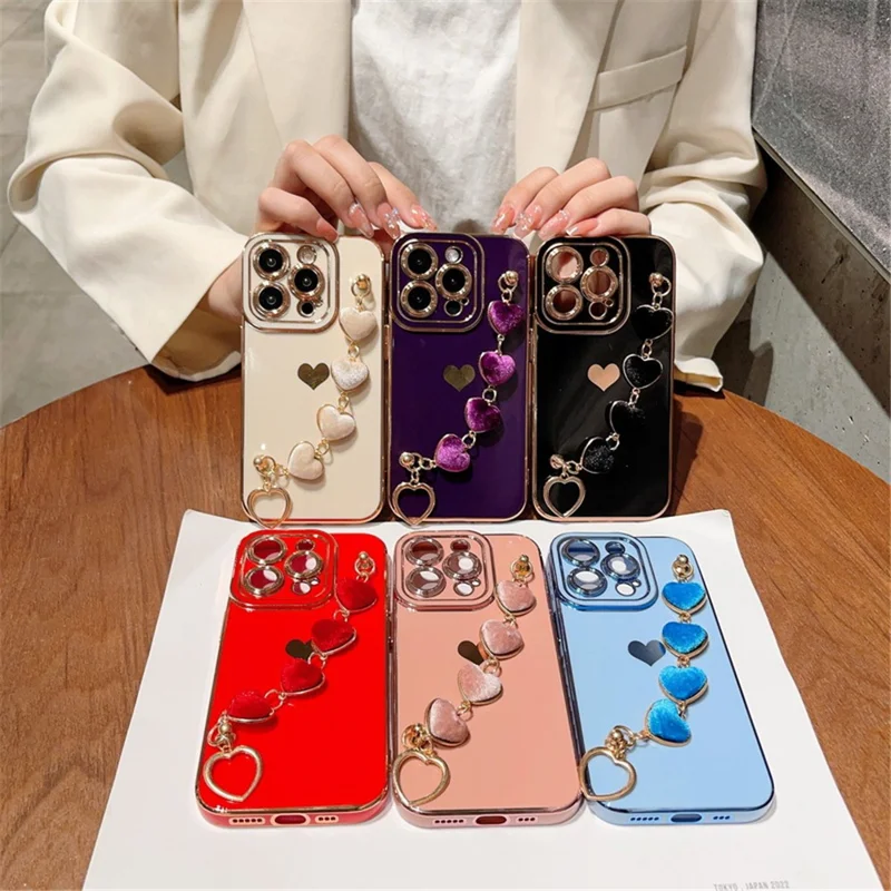 For iPhone 15 Pro TPU Case Electroplating Phone Cover with Plush Heart Chain Strap - Red