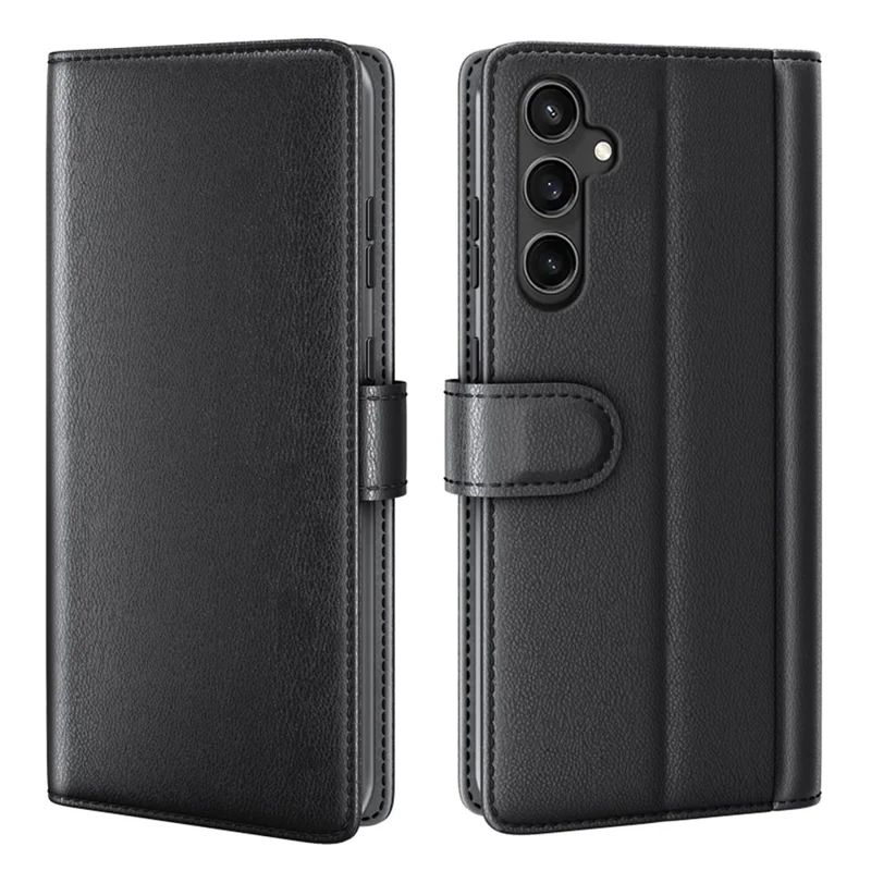 For Samsung Galaxy S23 FE Case Genuine Split Leather Phone Cover with Wallet Stand - Black