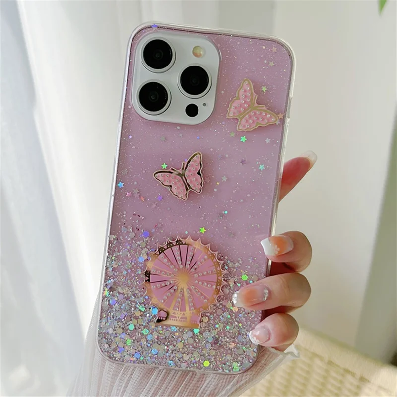 For iPhone 15 Pro Max Case Sparkle Epoxy Ferris Wheel TPU Phone Cover - Pink
