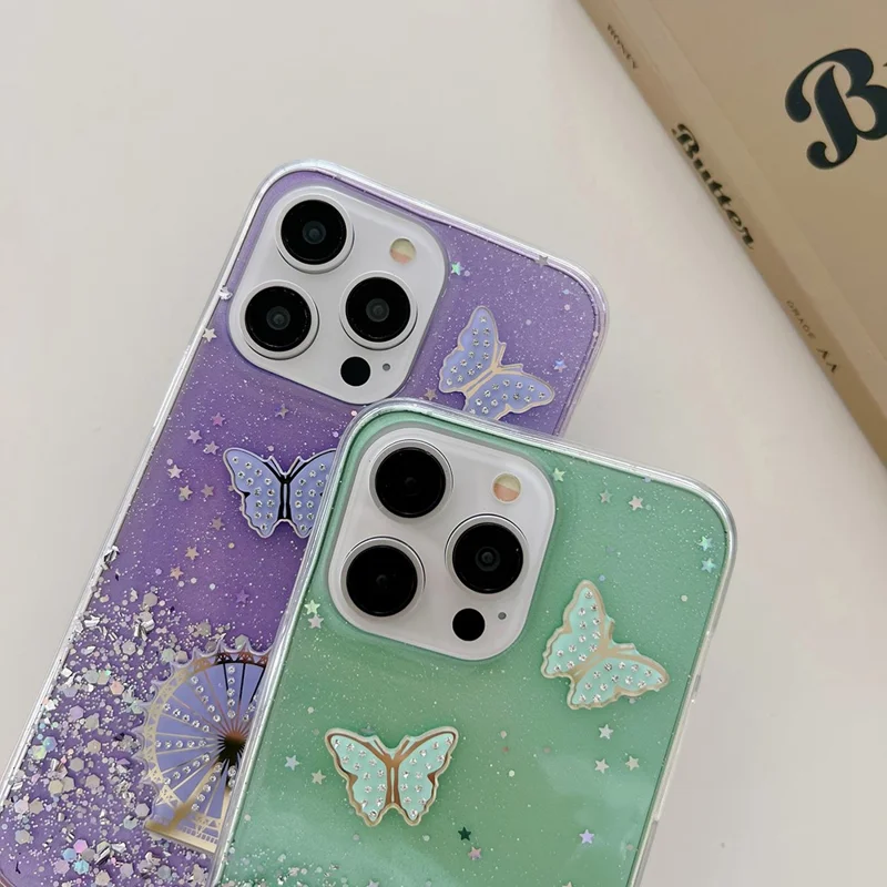 For iPhone 15 Pro Max Case Sparkle Epoxy Ferris Wheel TPU Phone Cover - Pink