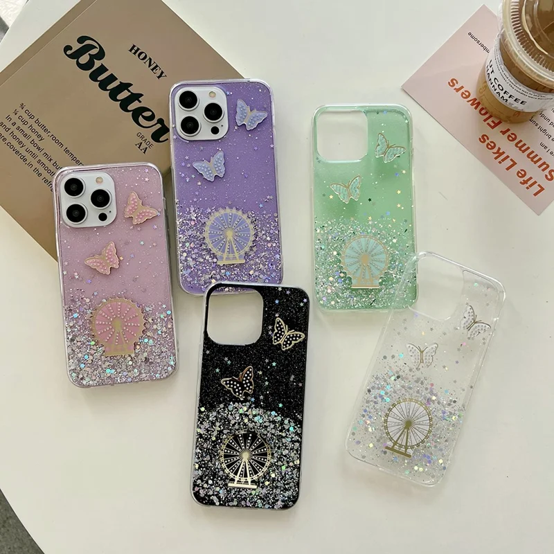 For iPhone 15 Pro Max Case Sparkle Epoxy Ferris Wheel TPU Phone Cover - Pink