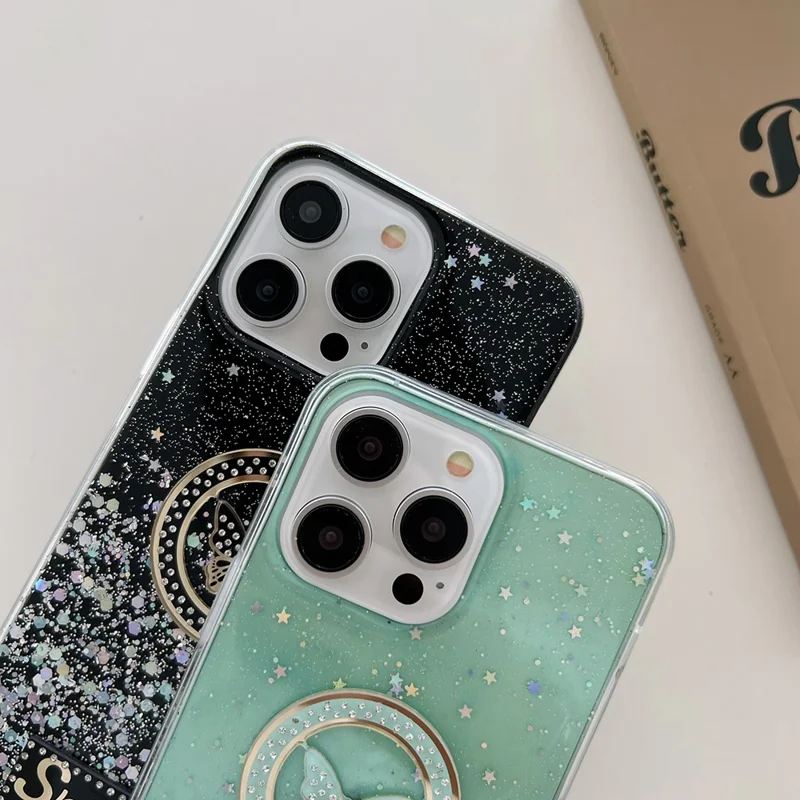For iPhone 15 Pro Case Sparkle Epoxy Smile Butterfly TPU Cover - Green