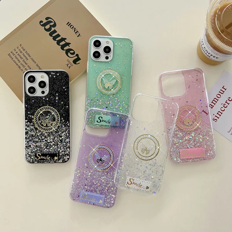 For iPhone 15 Pro Case Sparkle Epoxy Smile Butterfly TPU Cover - Green