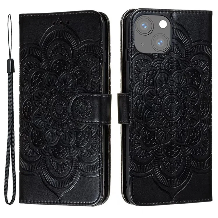 Чехол-бумажник для iPhone 15 Plus, PU-кожа, с мандалой и цветочным рисунком - черный