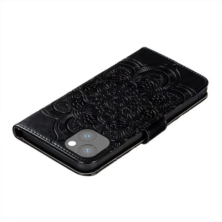 Чехол-бумажник для iPhone 15 Plus, PU-кожа, с мандалой и цветочным рисунком - черный
