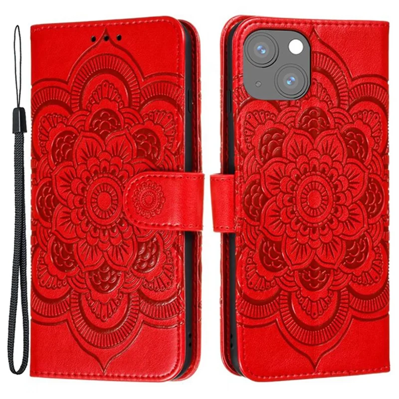 For iPhone 15 Plus Case Wallet PU Leather Mandala Flower Phone Cover - Red