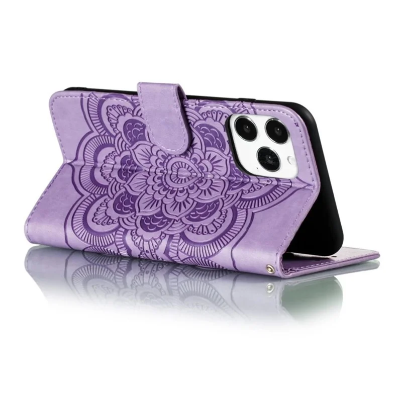 For iPhone 15 Pro Mandala Flower Case PU Leather Stand Wallet Phone Cover - Purple